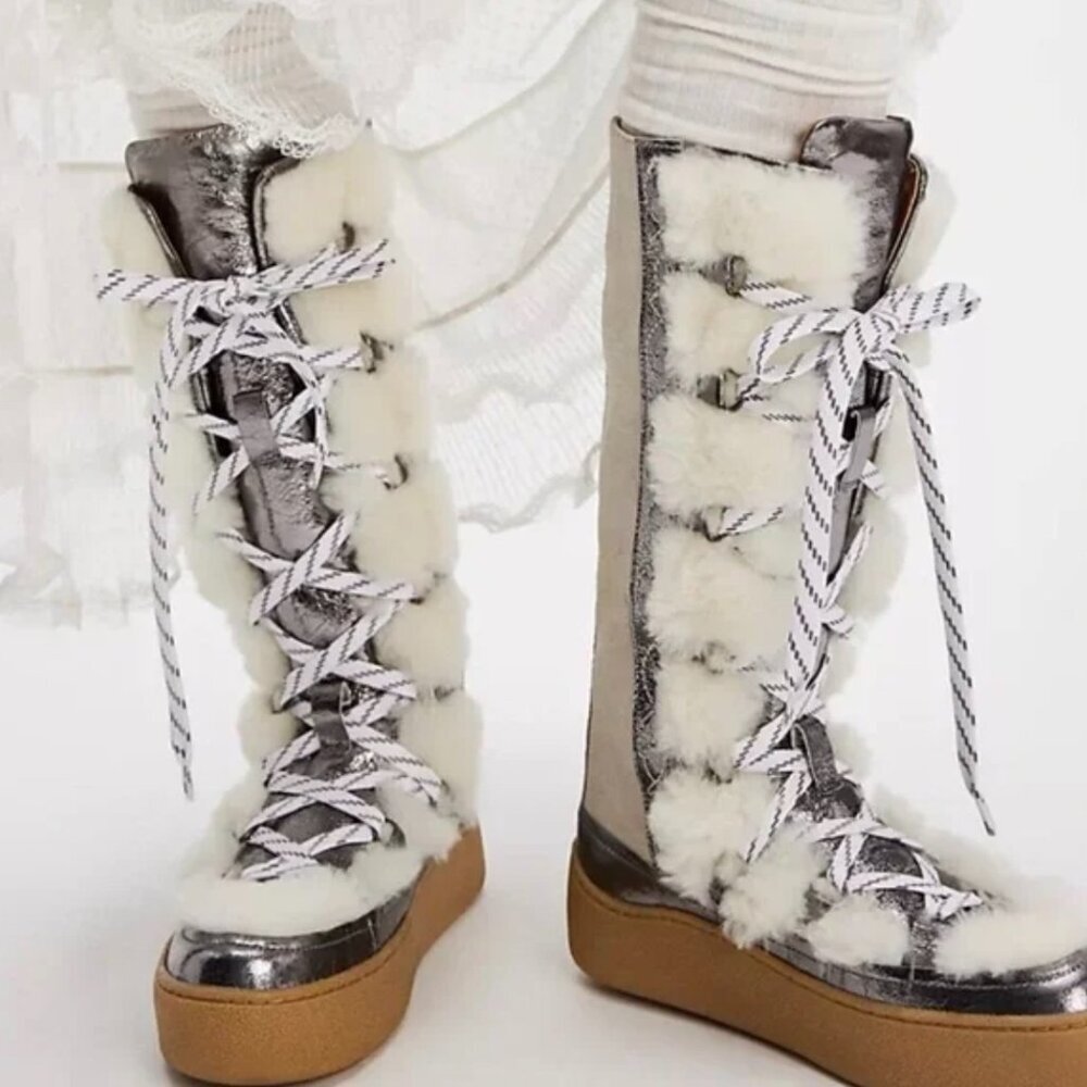 NIB Free People Wilder Boots Suede Shearling  Arctic Fox Silver Size 6 $248